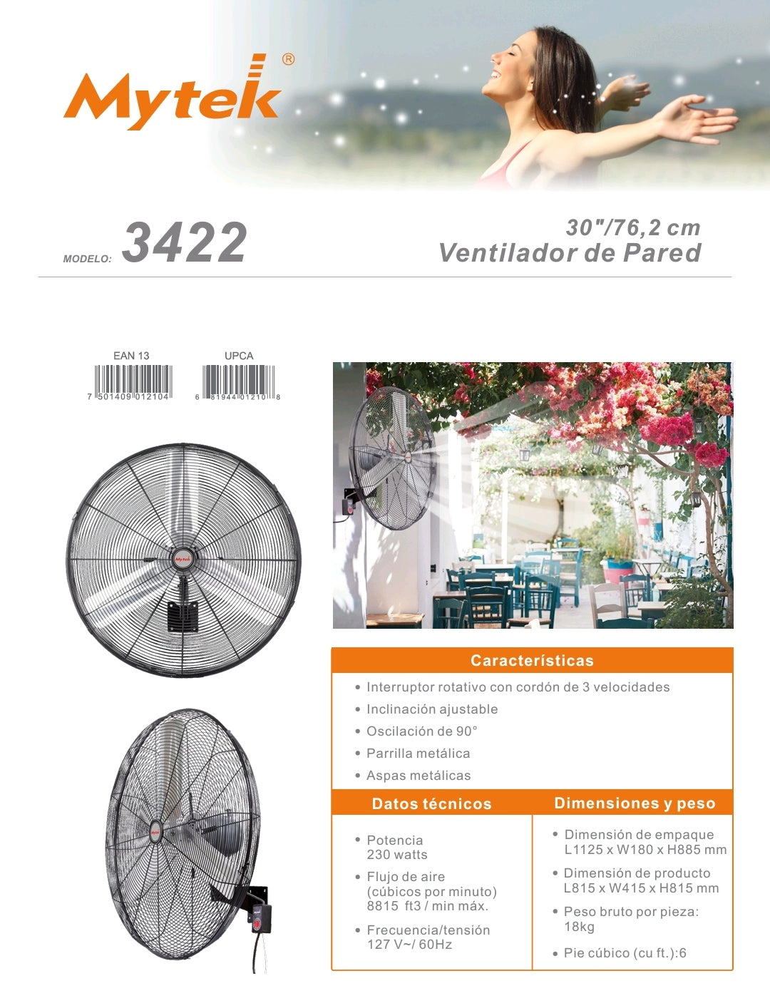 3422 VENTILADOR 30 PULG. PARED 230 WATTS 9405 CFM.