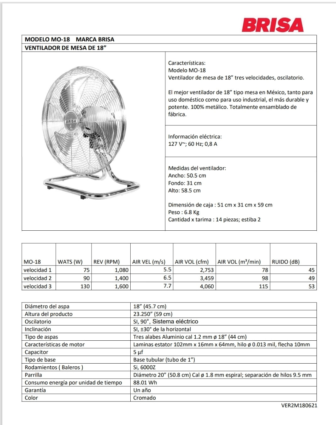 MO18 BRISA VENTILADOR MESA 18 Pulg. METALICO V