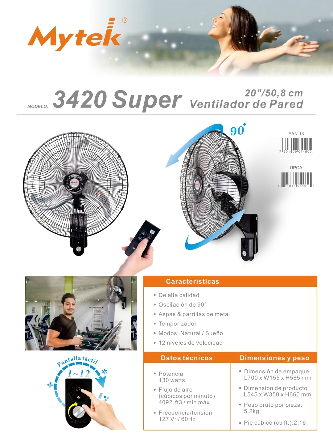 3420 SUPER VENTILADOR DE PARED MYTEK VEL. 130 WATTS 4092 ft3