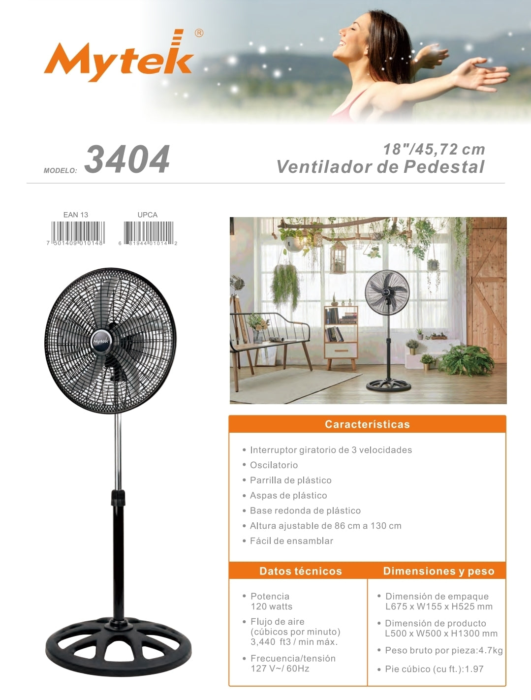 3404 Ventilador de Pedestal 18’’ Ventilador de Pedestal Plástico