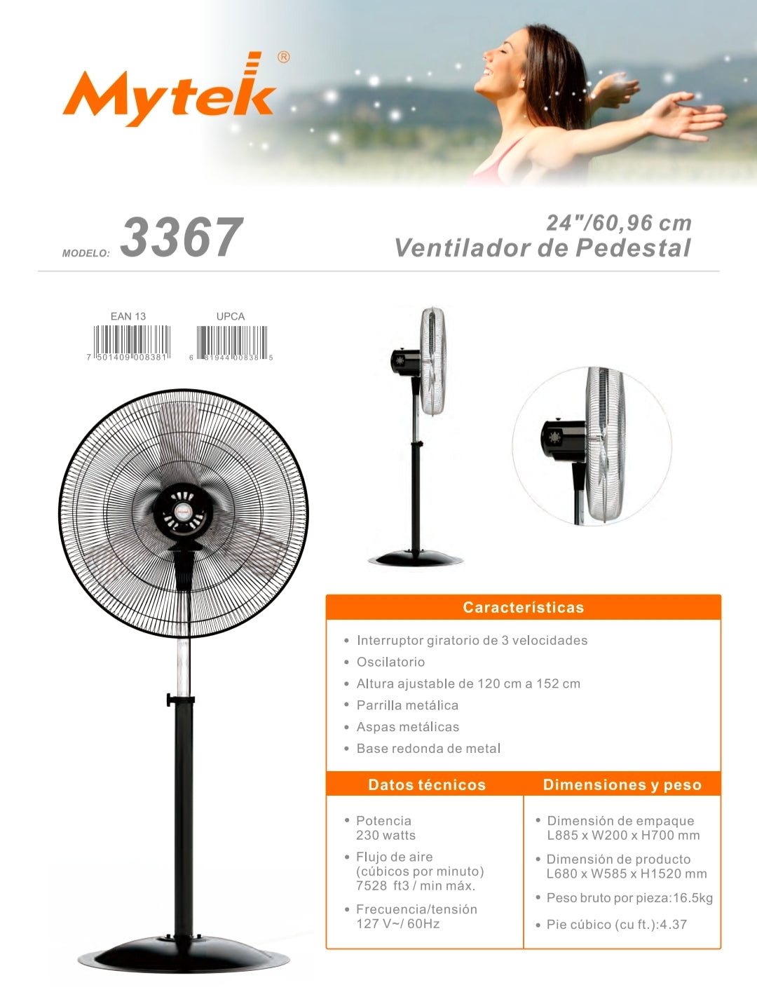 3367 VENTILADOR 24 PULG MYTEK INDUSTRIAL PEDESTAL 230 WATTS