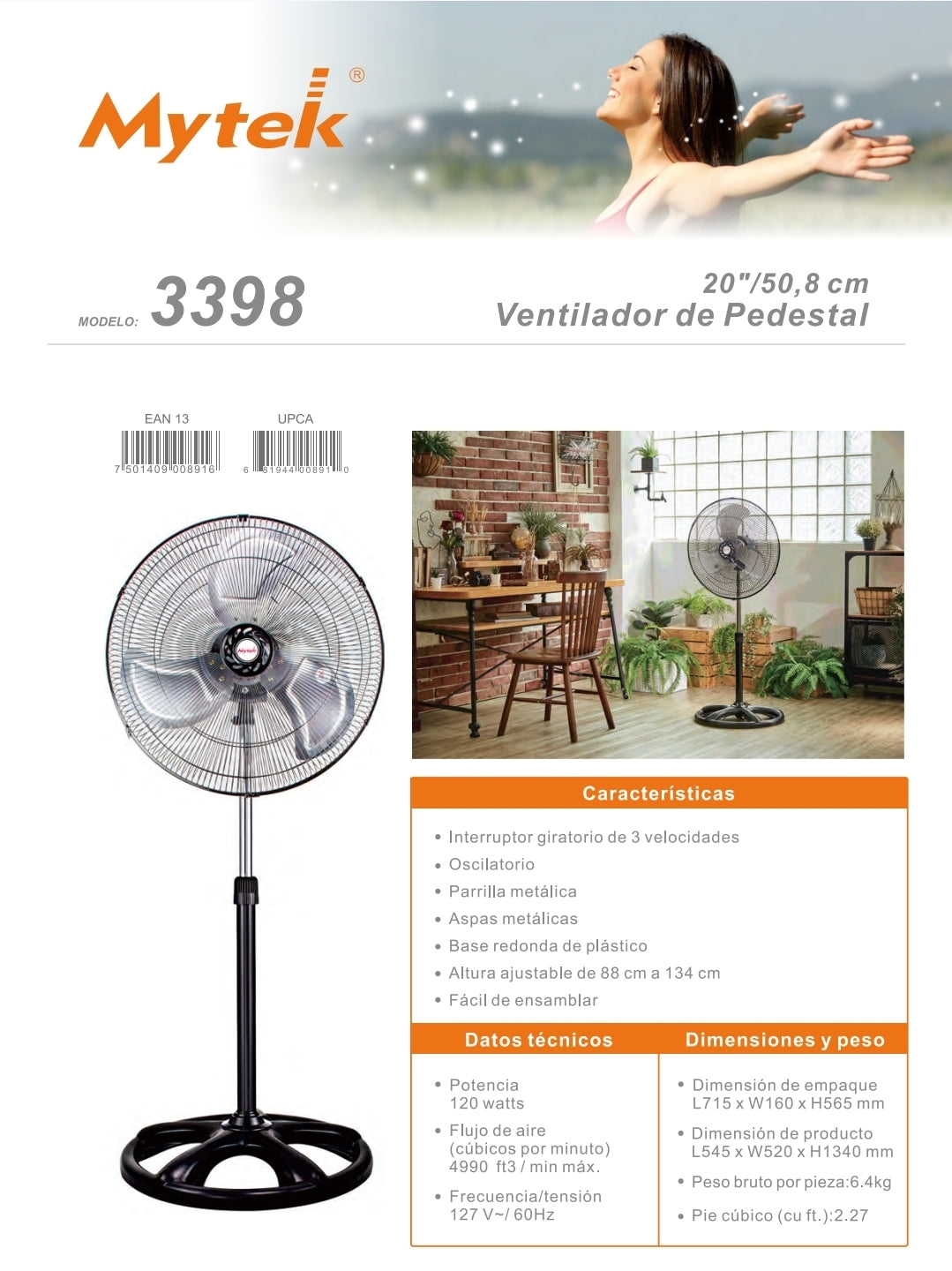 3398 VENTILADOR DE PEDESTAL 20’’METALICO MYTEK 120 WATTS