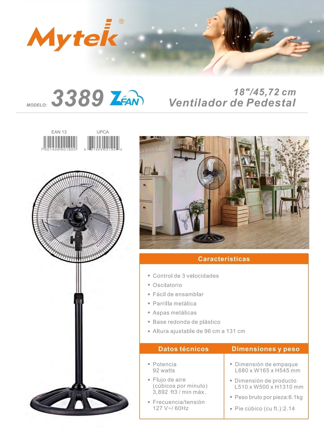 3389 Mytek Z-fan Ventilador de pie de 18″