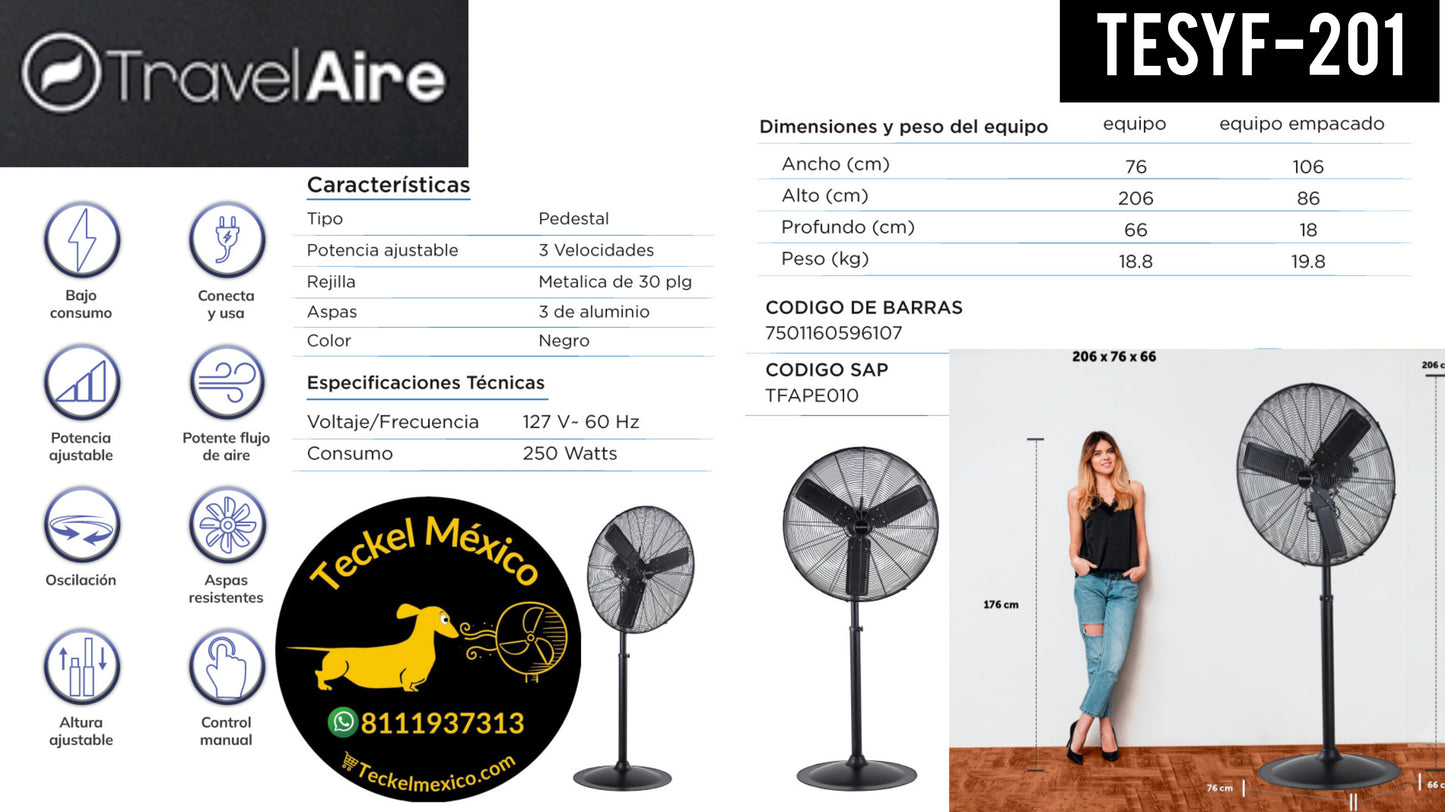 TESYF-201 Ventilador 30 Pulgadas Travel Air 3 Vel. 250 watts 206x76x66