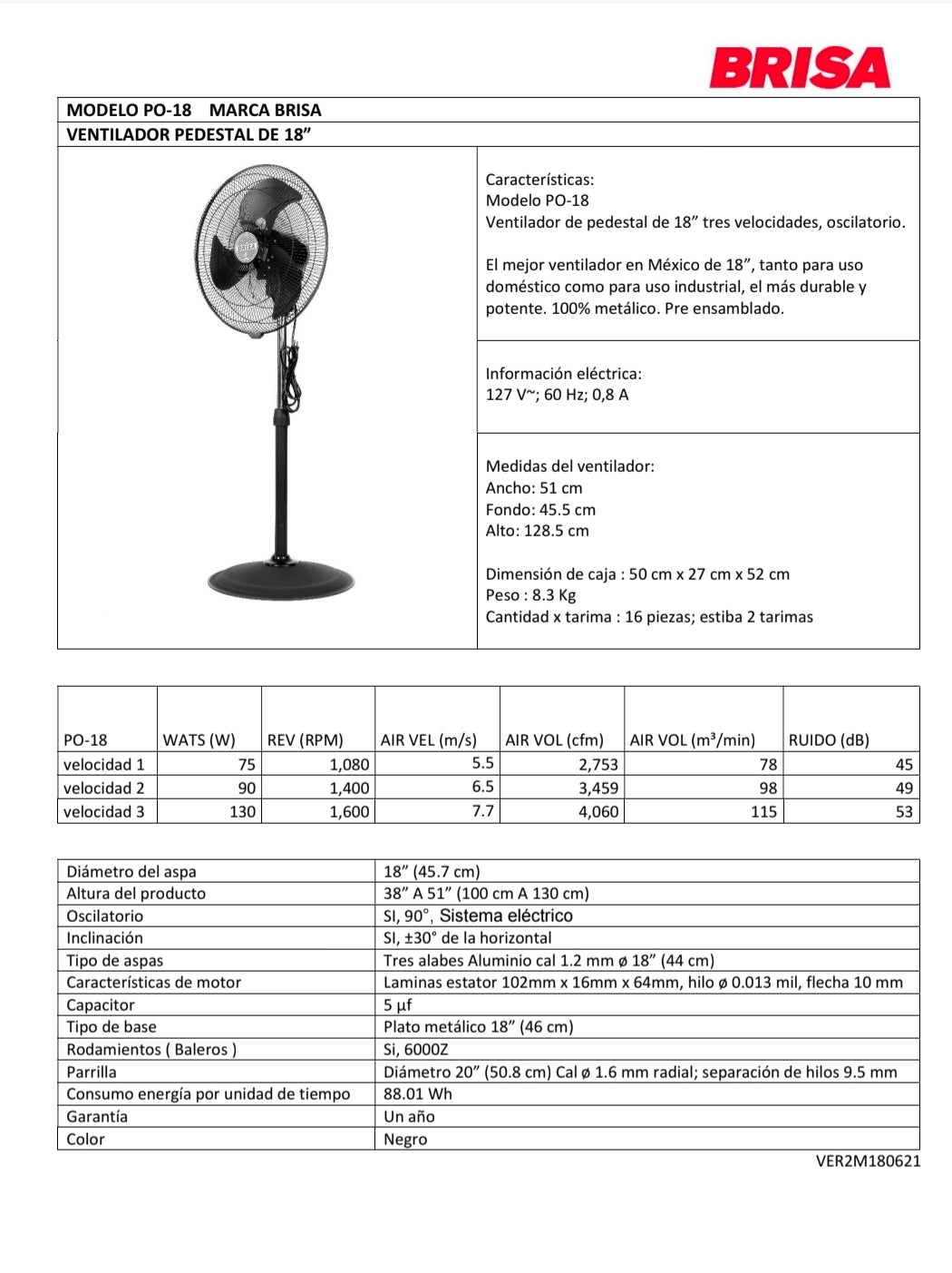 PO18 VENTILADOR 18 PULG BRISA PEDEST BALEROS 100 % METAL ASP ALU