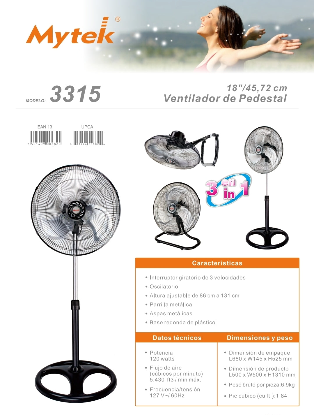 3315 Ventilador pedestal 3 en 1