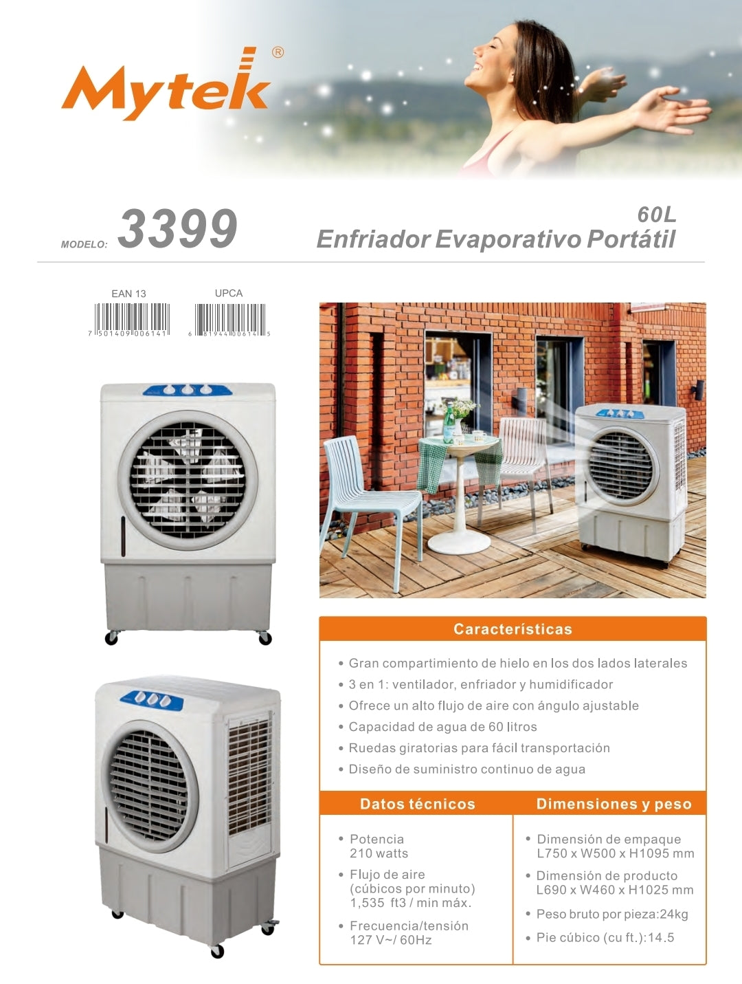 Mytek 3399 Enfriador de aire evaporativo portátil 60L