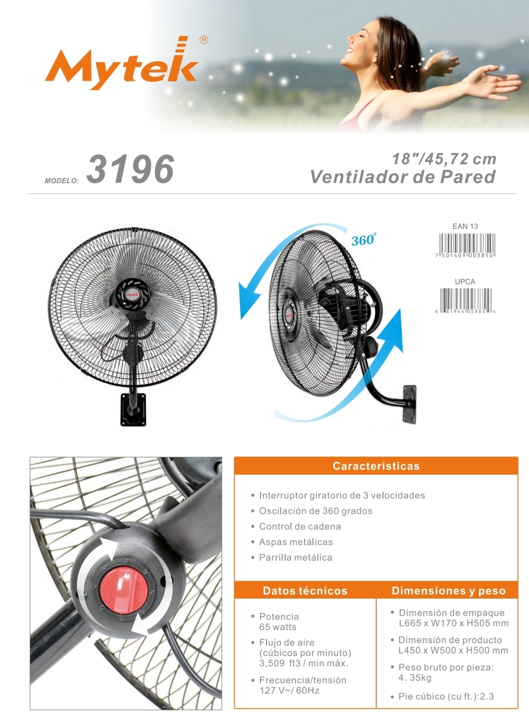 3196 VENTILADOR MYTEK 18 PULG. 360° METALICO 65 W