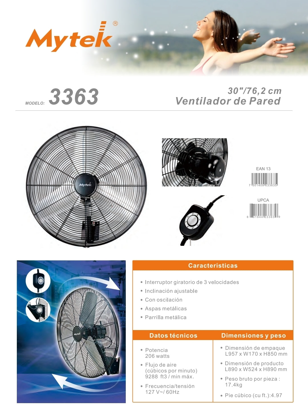 3363 VENTILADOR 30 PULG MYTEK PARED INDUSTRIAL 206 WATTS 9288 CFM