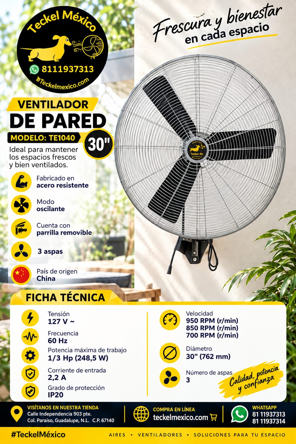 TE1040 VENTILADOR DE PARED 30 PULGADAS 127V 1/3 HP