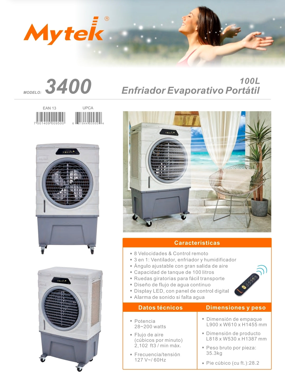 3400 ENFRIADOR MYTEK C/REMOTO EVAPORATIVO 100 lts 200 watts