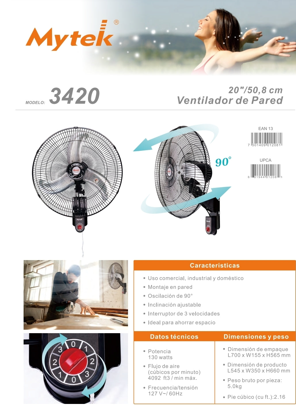 3420 Ventilador de muro pared 20 "