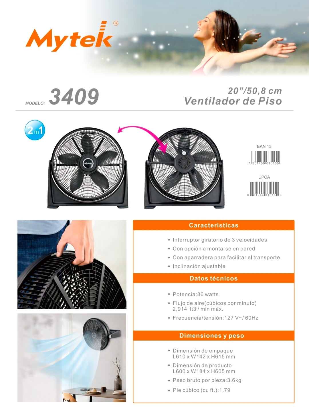 3409 Mytek  20″ Ventilador de Piso  Circulador de Aire  Abanico