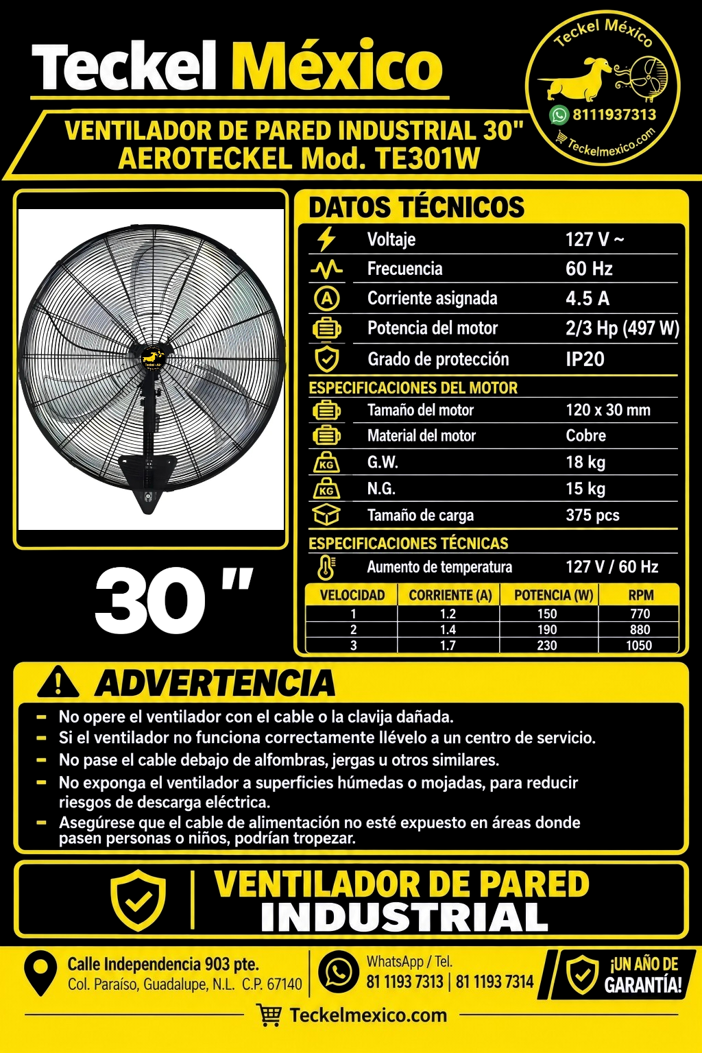 AERO TECKEL VENTILADOR 30 PULG TE301W
